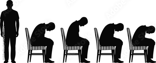 Set of black silhouettes featuring a man sitting on a chair with poor posture and slumped shoulders next to a standing male figure