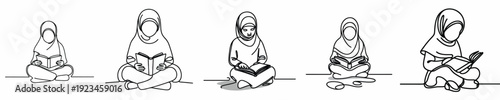 line art of a Muslim little girl sitting reading the Quran front view