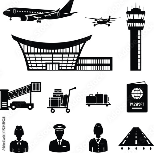 Airport and Aviation Silhouette Pack – Airplane, Terminal and Travel Vector Collection Isolated on White