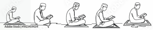 line art of a Muslim man sitting reading the Quran side view