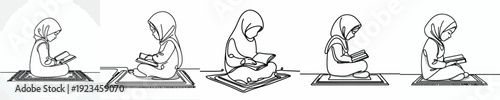 line art of a Muslim little girl sitting reading the Quran side view
