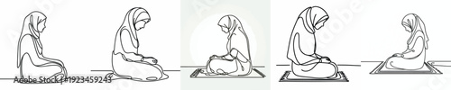 line art of a Muslim woman sitting on prayer mat side view