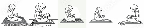 line art of a Muslim little girl sitting reading the Quran side view