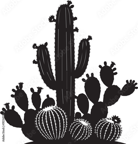 Cactus plants silhouette vector illustration line art desert flora succulent landscape wild west