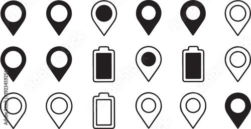 Collection of location pin and battery icons in black and white