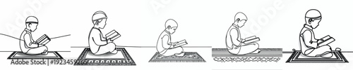 line art of a Muslim little boy sitting reading the Quran side view