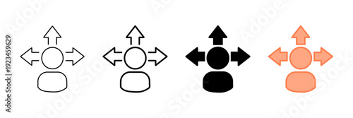 Set of minimalist user movement and direction icons with transparent background, depicting choice, relocation, distribution, and navigation options for web applications, vector illustration