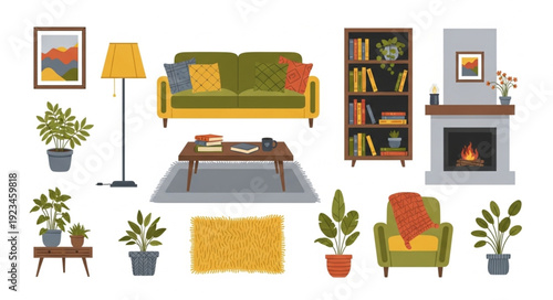 Cozy Living Room Furniture and Decor Elements Collection.