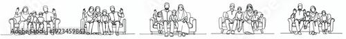 Line art of a Muslim family sitting on sofa happily welcoming Ramadan