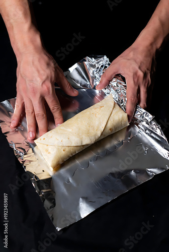 Hands wrapping fresh burrito with aluminum foil on dark background for food packaging or meal prep concept