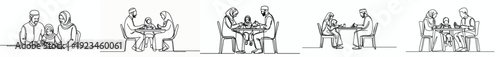 line art of a Muslim family breaking the fast together during Ramadan