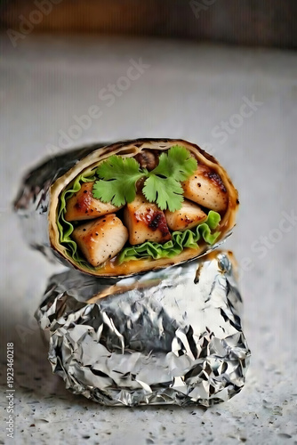 Fresh gourmet chicken burrito wrap with herbs and vegetables in foil on marble table for healthy lunch or dinner