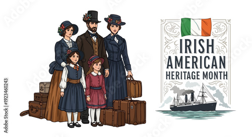 Family with luggage celebrating Irish American Heritage Month with a Celtic symbol and a ship in the background.