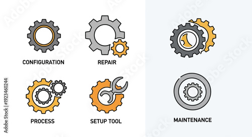 Collection of gear and cog icons representing configuration, repair, process, setup tools, and maintenance concepts.
