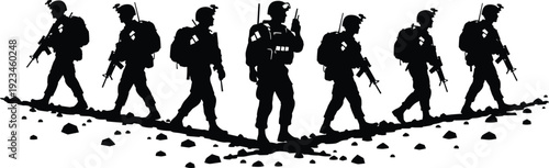 Set of black silhouettes featuring a squad of professional soldiers in full tactical gear with rifles and backpacks patrolling on a white background