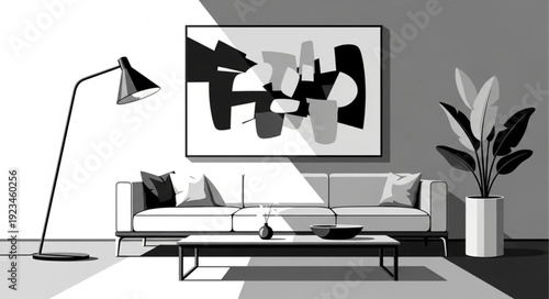 Modern living room with abstract art and sofa.