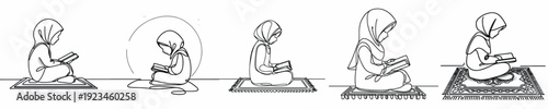 line art of a Muslim little girl sitting reading the Quran side view