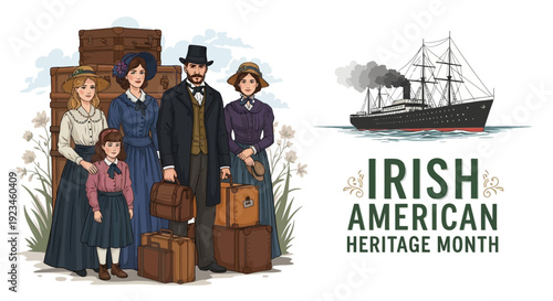 Family with luggage celebrating Irish American Heritage Month standing beside a ship