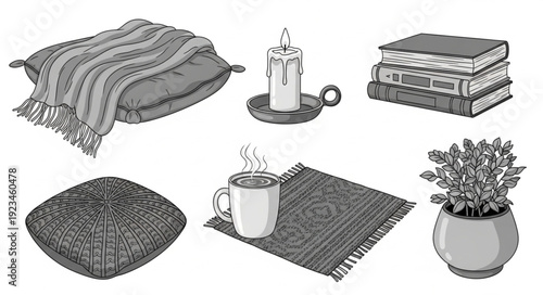 Cozy Home Decor Objects Collection Illustration.