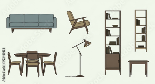Collection of modern furniture for home interior design.