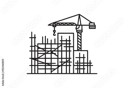 Building Under Construction Line Icon – Unfinished Building Outline Vector, Minimal Architectural Black Line Isolated on White