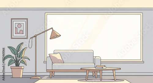 Modern living room interior with sofa and floor lamp.