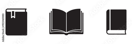 Three black and white book icons in different orientations