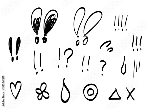 手書きの感嘆符と記号のあしらいセット　白黒