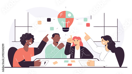 Diverse business team brainstorming and pointing in an office with a colorful lightbulb idea on the wall.