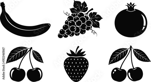 Set of black silhouettes featuring healthy organic fruits including banana, grapes with leaves, pomegranate, strawberry, and cherries on branches isolated on a white background