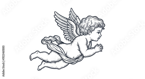 Flying Cherub Angel Sketch Drawing Illustration.