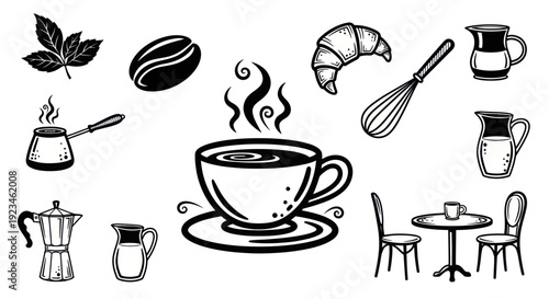 Hand drawn coffee shop elements set with hot coffee cup.