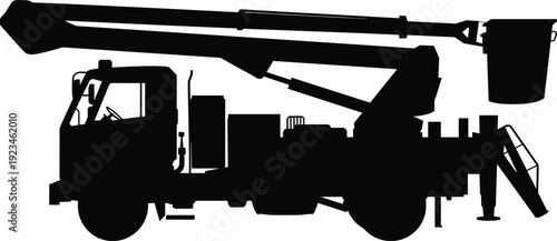 Black Silhouette of Industrial Bucket Truck Cherry Picker and Boom Lift Vehicle for Utility Maintenance Construction Service and Engineering Projects.