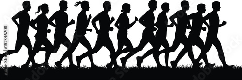 Black Silhouette of Group of Men and Women Running on Grass Field for Marathon Training Fitness Exercise and Healthy Active Lifestyle.