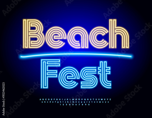 Vector Glowing invitation Beach Fest. Unique Neon Blue Font. Light Illumination Alphabet Letters and Numbers set.