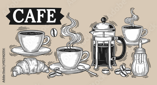Hand drawn cafe elements with coffee cups and French press.