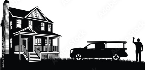 Set of black silhouettes featuring a two story residential house with a service pickup truck and a man waving on a white background