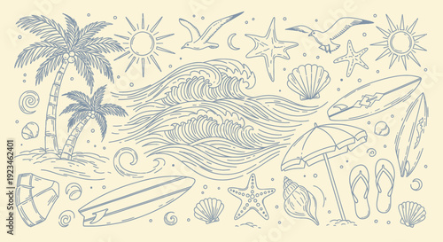 Hand drawn summer beach and ocean elements collection.