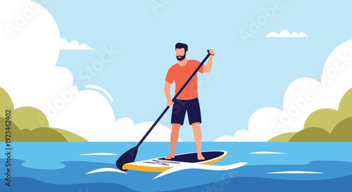 Athletic bearded man stands on a paddleboard while navigating blue ocean waters with a large paddle under a bright sky with fluffy white clouds.