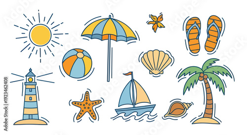 Hand drawn summer beach vacation elements set with sun lighthouse and palm tree.
