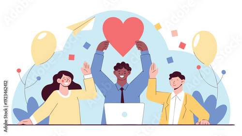 Diverse business team showing success and unity with a heart, balloons, and confetti in a celebration.