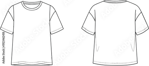 T shirt line art front and back views, basic short sleeve tee outline illustration for fashion design and apparel templates