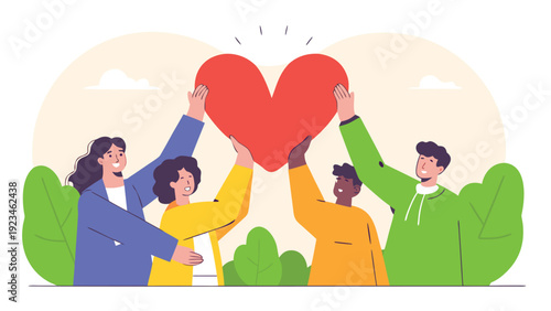 Diverse business team collaboratively holding a large red heart symbolizing unity and shared values outdoors.