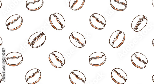 Elegant seamless pattern showcasing numerous roasted coffee beans in a simple line art style distributed across a clean white background for design.