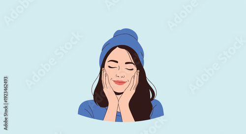 Peaceful young woman with long dark hair and a blue beanie holds her face with both hands while closing her eyes in a moment of pure relaxation.