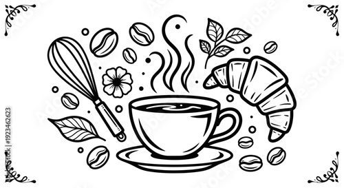 Hand-drawn coffee cup with croissant and coffee beans illustration.