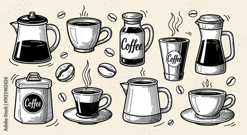 Hand-drawn coffee collection with various brewing methods and cups.