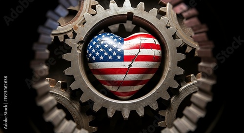 Cracked heart symbol of the American flag inside a metal gear mechanism, representing patriotism and industry.