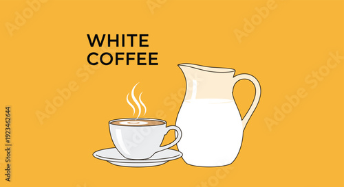Hot cup of white coffee with steam rising from it sits next to a large ceramic pitcher filled with fresh milk on a solid yellow background surface.