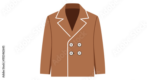 Classic double-breasted brown coat with white trim and four buttons is displayed as a flat fashion illustration for winter or autumn seasonal wear.